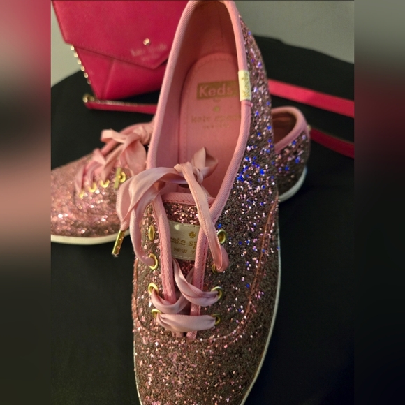 WOMENS KATE SPADE KEDS, ROSE GOLD GLITTER SNEAKERS SHOES, PINK SATIN LACES Sz7 - Picture 3 of 8